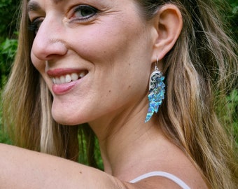 Pendientes de ala, Pendientes de plumas largas, Pendientes de ala de ángel, Joyería boho, Alas de Arcángel Miguel, Pendientes colgantes, Abulón tallado