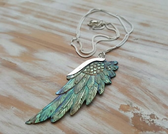 Angels Wing Necklace, Hand Carved Abalone Necklace, Paua Shell Pendant, Boho Jewelry, Festival Necklace, Girlfriend Gift, Superwing Feather