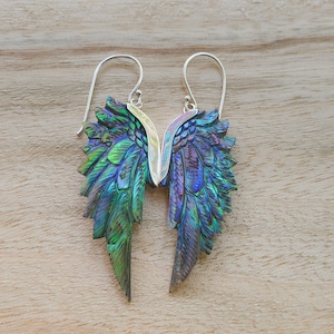 Mini Angel Wing Earrings, Abalone Earrings with Silver or Brass, Opal of the Sea, Hand Carved Paua Shell, Superwing, Mother's Day Gift