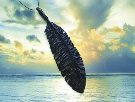 Raven Feather Necklace, Crow Necklace, Carved Wood Necklace, Black  