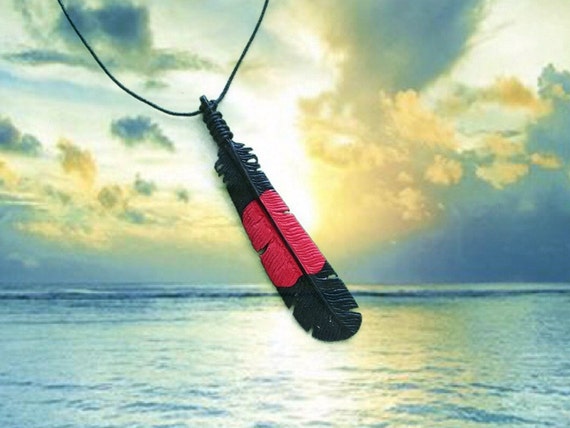 Red Tailed Black Cockatoo Feather Necklace, Wooden Feather  