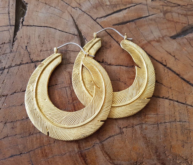 Feather Earrings Golden Brass or Silver Filled Feather Tribe