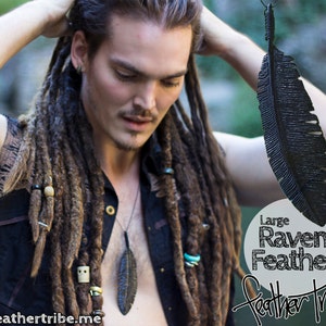 Raven Feather Necklace, Crow Necklace, Carved Wood Necklace, Black Feather Necklace, Boho Jewelry, Men Feather Pendant, Men Jewelry Amulet