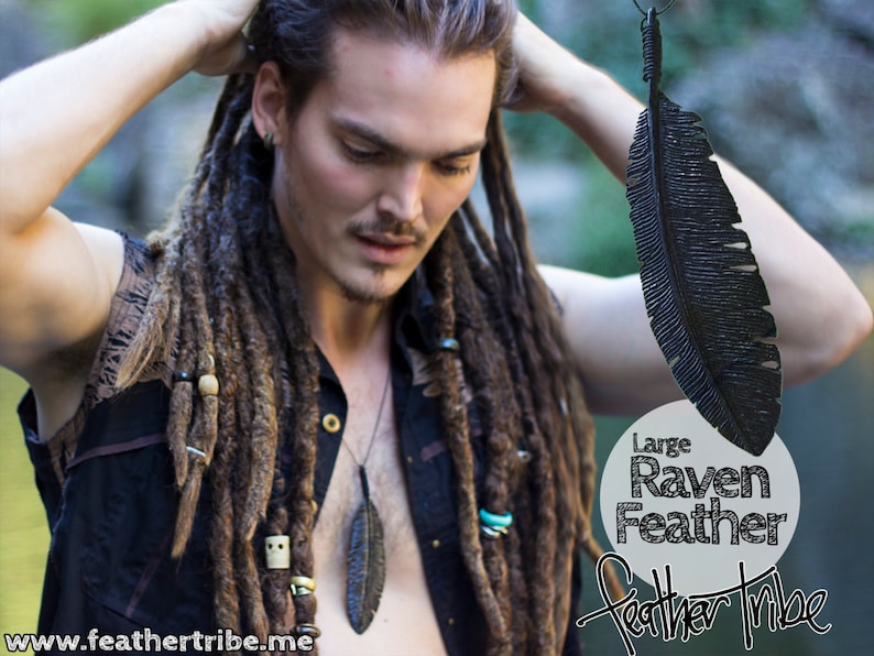 Raven Feather Necklace, Crow Necklace, Carved Wood Necklace, Black Feather Necklace, Boho Jewelry, Men Feather Pendant, Men Jewelry Amulet image 1