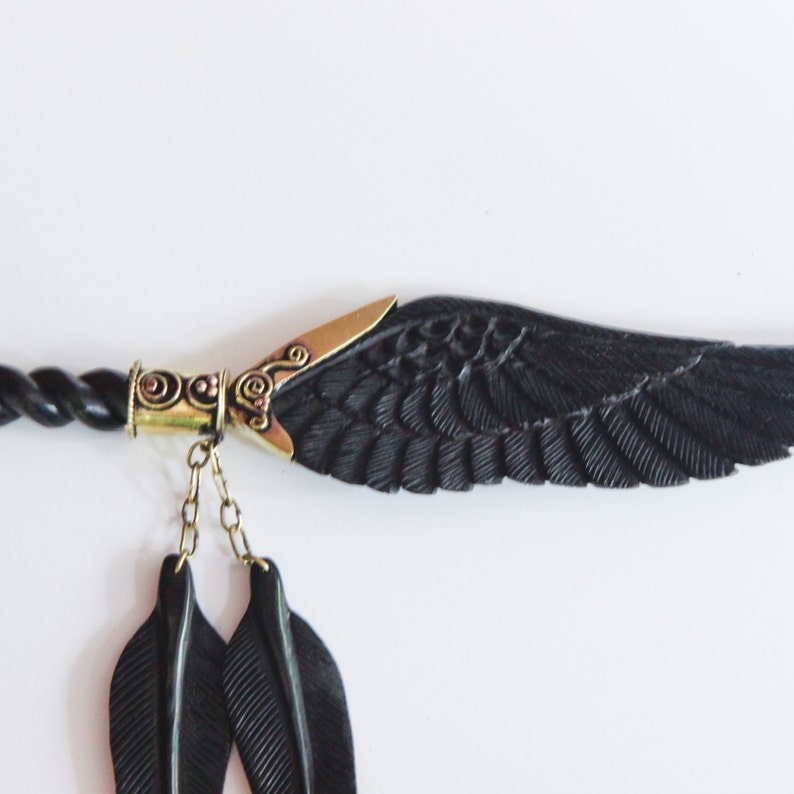 Feather Tribe Hand Carved Black Horn Hair Stick Unicorn Pegasus Hair Stick Brass Filigree Finish with Feathers Angel Wing Hair Stick