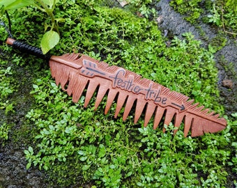 Beard Comb Necklace with Mustache Detailer, Hand Carved Wood Necklace, Feather Beard Comb, Wearable Beard Comb, Boho Jewelry