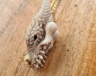 Dragon Skull Pendant, Hand Carved Naturally Shed Antler, Masculine Necklace, Dragon Energy, Witchy, Gift for Him