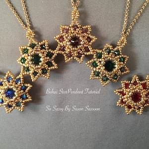 May include: Four gold beaded star pendants with different colored crystals in the center. The pendants are on gold chains and the text "Bahai Star Pendant Tutorial" and "So Sassy By Susan Sassoon" is below the pendants.