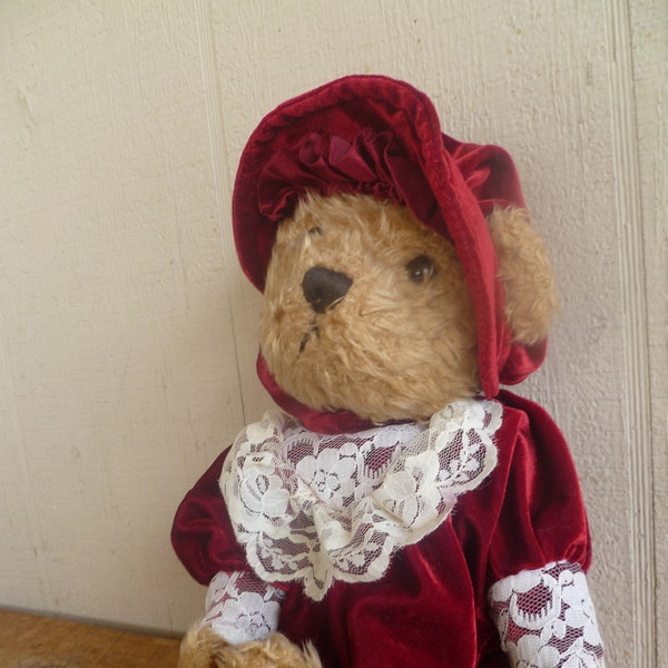 J C Penny Plush Teddy Bear with Dress and Hat Vintage 10" Tall Stuffed Animal Toy