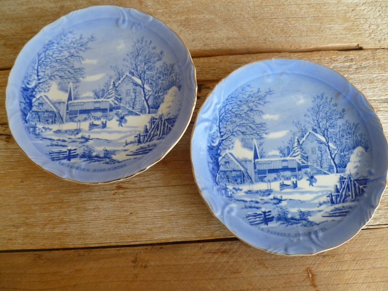 Pair Vintage Currier /& Ives Blue Plate The Farmers Home Winter