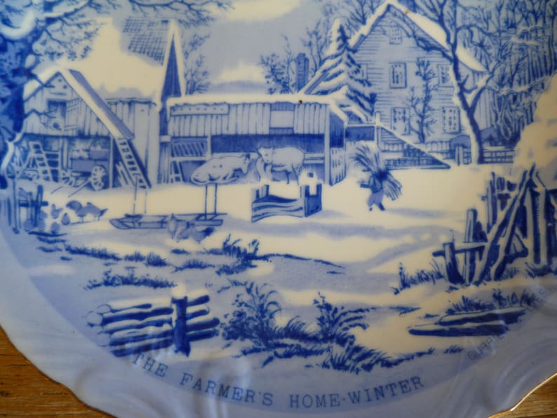 Pair Vintage Currier /& Ives Blue Plate The Farmers Home Winter