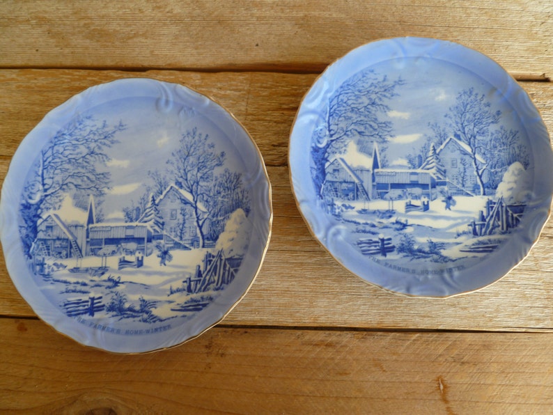 Pair Vintage Currier /& Ives Blue Plate The Farmers Home Winter