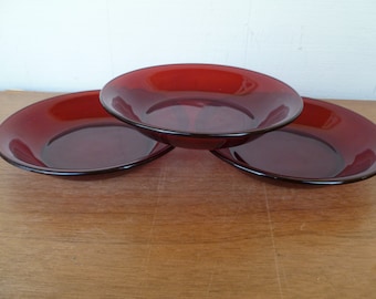 3 Vintage Cranberry Glass Bowls Beautiful  7.5" wide