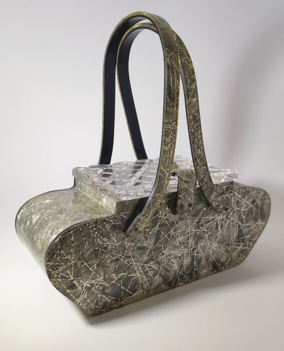 Fab Lucite Grey Silver Swirl Sparkle Purse Handbag