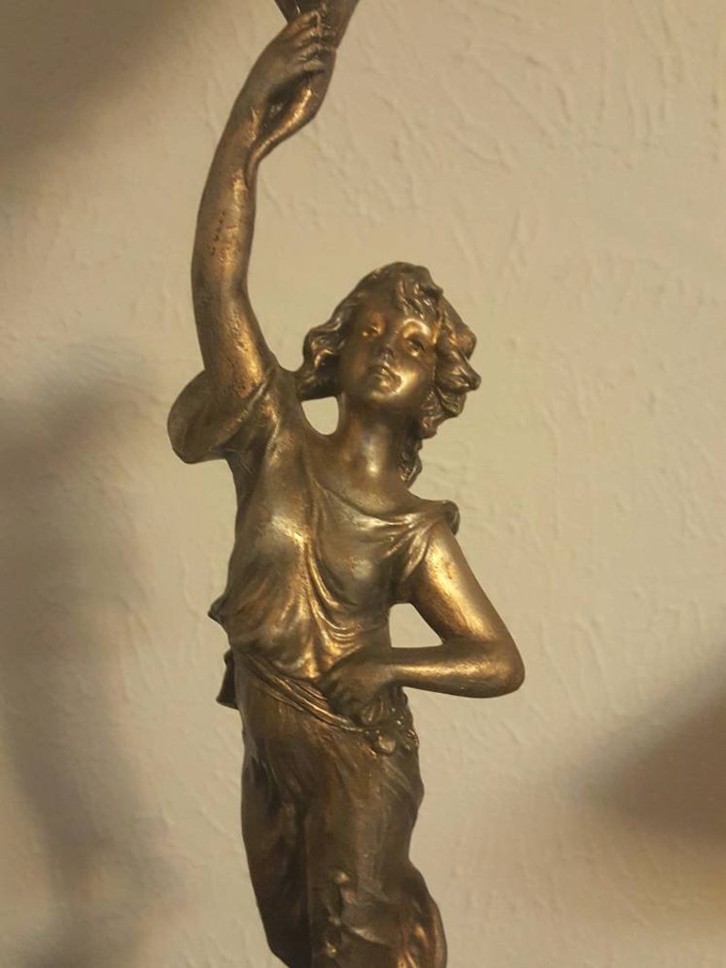 Antique Woman Gilt Spelter Lamp Art Nouveau Oil Lamp Newel image 1