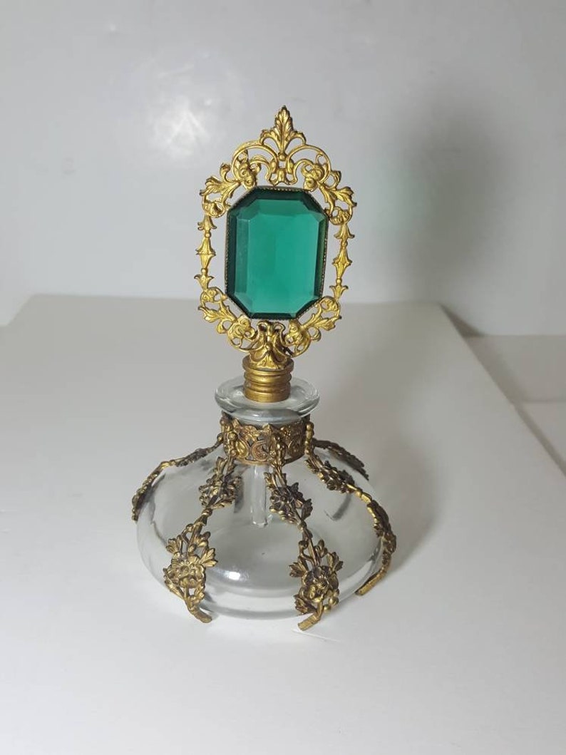 French Gilt Ormolu Green Crystal Glass Perfume Bottle image 0