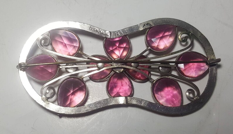 Czech Bezel Set Glass Brooch Pin CzechoSlovakia Pink Flower Silver tone Early Vintage
