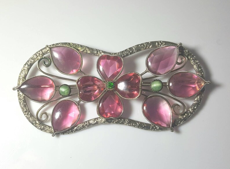 Czech Bezel Set Glass Brooch Pin CzechoSlovakia Pink Flower Silver tone Early Vintage