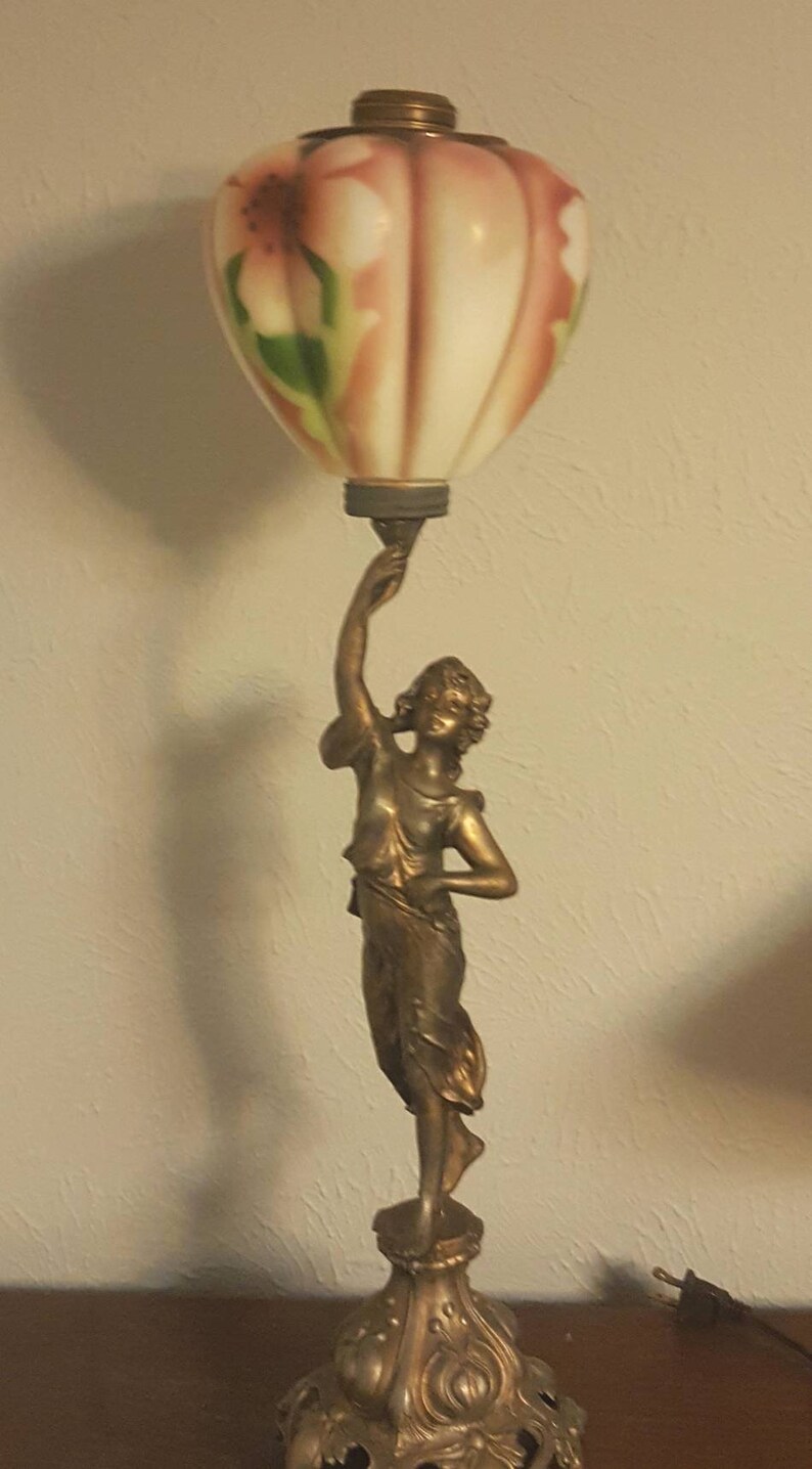 Antique Woman Gilt Spelter Lamp Art Nouveau Oil Lamp Newel image 0