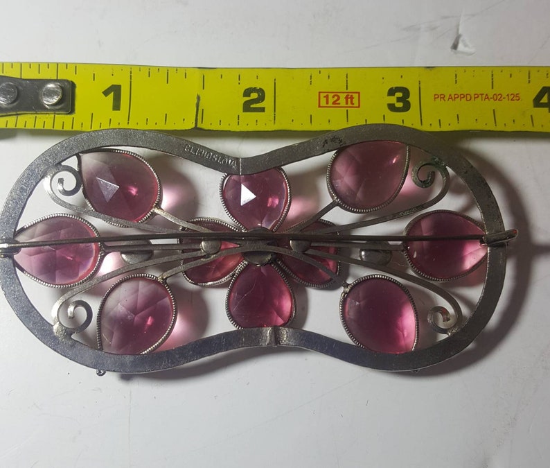 Czech Bezel Set Glass Brooch Pin CzechoSlovakia Pink Flower Silver tone Early Vintage