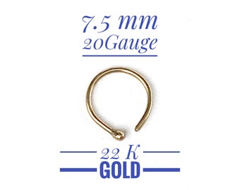 22K Gold Nose Ring, 7.5 mm 20 gauge Hoop 19/64”, Ball End Nose Ring, Body Jewelry, 22K Yellow Gold, Open Hoop.