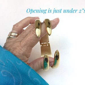 Vintage 1980s gold tone clamper bracelet, wide gold metal cuff, bypass style for women, open design size 6.5 image 7