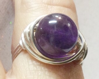 Amethyst Ring, Argentium Sterling Silver Wire Wrapped, Size 6