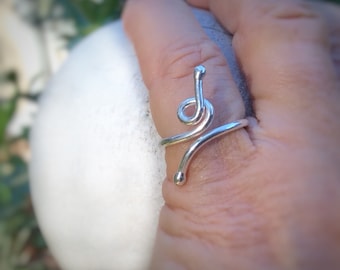 Adjustable Pinky Ring In 999 Fine Silver, Abstract Snake Ring for reptile enthusiasts, Silver Swirl Ring with Ball Ends.