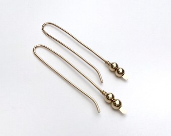 Threader Earrings Gold, Handmade Gift for Her, Open Hoop Gold Filled, Gold Bead Earrings, 14K Gold Filled, Long Wire Earrings.