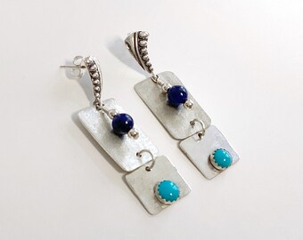 Geometric multi stone earrings, Argentium Silver Earrings, Turquoise and Lapis earrings for women, Southwestern style earrings,