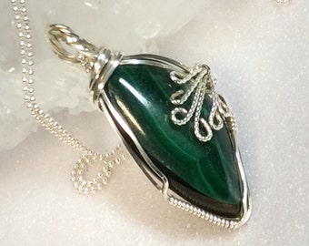 Handmade malachite pendant on 18” sterling silver chain, unique green gemstone necklace, statement gift for her.