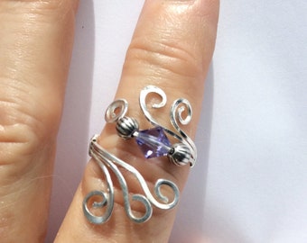 Swarovski Purple Crystal Ring, Wire Wrap Statement Ring, Argentium Sterling Silver Ring, Silver Swirl Ring, Gift For Her.