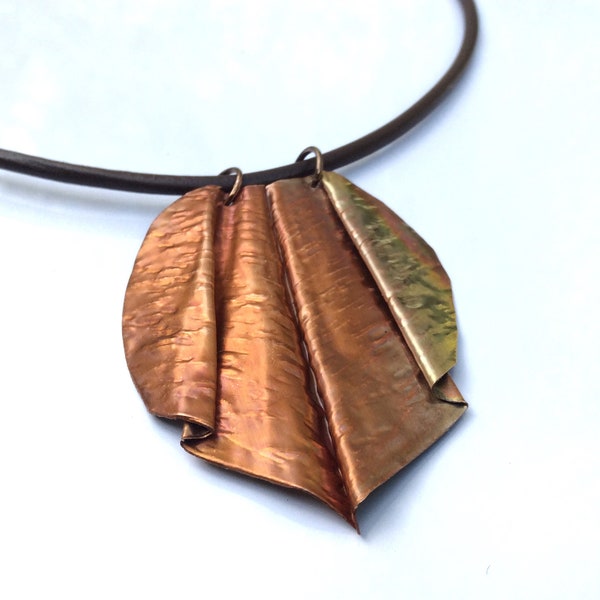 Fold Formed Copper Pendant Necklace, Dimensional Free Form Pendant, Free Formed Copper Textured Pendant, Metal Jewelry.