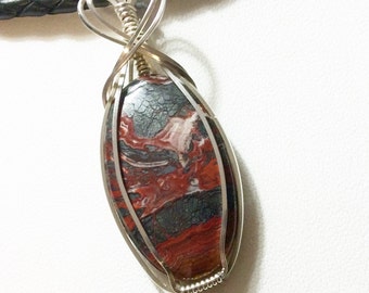 Agate Stone Necklace, Argentium Silver Wire Wrap, Leather Cord