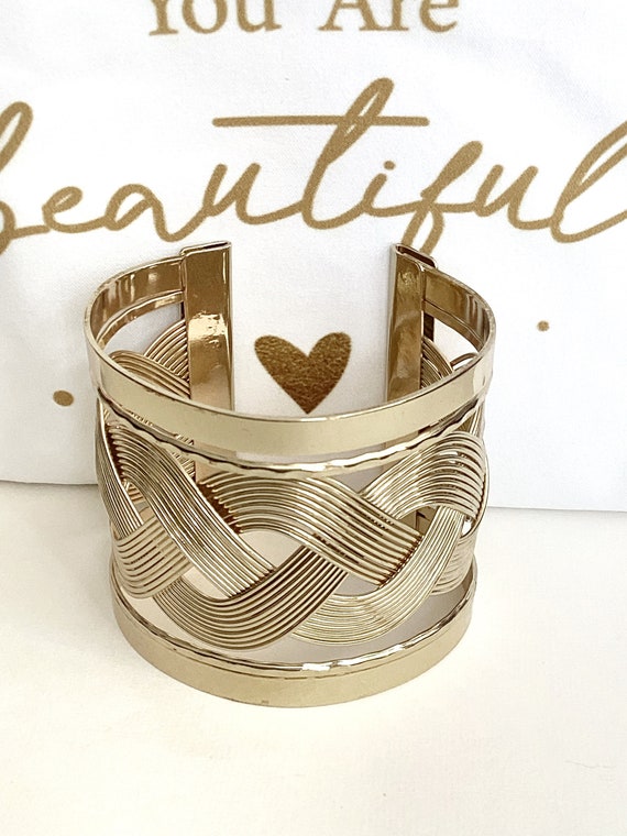 Mid century wide cuff bracelet gold, 80s vintage … - image 7
