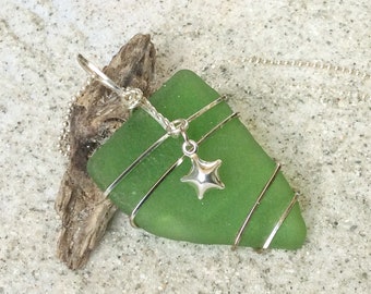 Genuine Green Sea Glass Necklace for Women, Beach Glass Necklace With Silver Star Charm, Handmade Ocean Necklace, Sea Glass Gift.