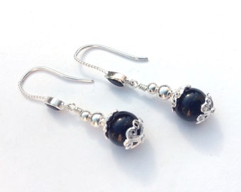 Elegant Black Onyx Earrings, Sterling Silver, Black Spinel and Onyx, Short Gemstone Earring Gift, Black Stone Earrings, Semi Precious.