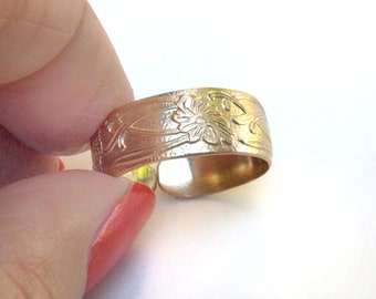 14k Gold Filled Thumb Ring, Gold Ring For Women, Wide Gold Band, Large Size Open Band, Gold Filled Patterned Ring, Flowers and Vines.