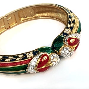 Nolan Miller Parrot Bangle Bracelet, Rhinestone and Guilloche Enamel Cuff, Medium Size Statement Bangle, Nolan Miller Bird Bracelet.