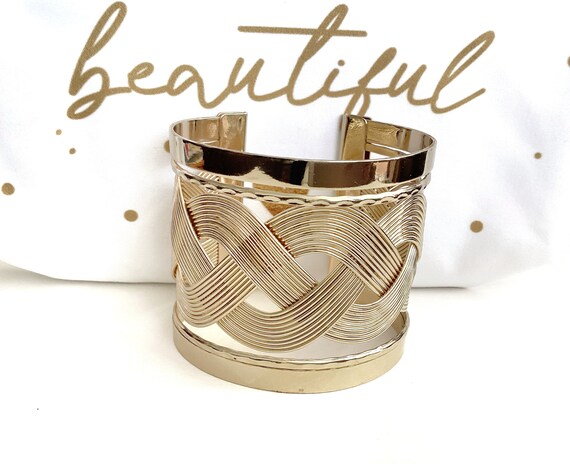 Mid century wide cuff bracelet gold, 80s vintage … - image 2