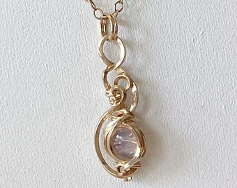 Dainty Crystal Necklace framed in Gold Wire Wrap, 16” Gold Filled Cable Chain is Included, Clear Lavender Quartz Stone.