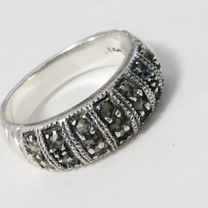 Vintage Wedding Ring, Art Deco Ring Band, Sterling Silver Marcasite Ring, Han Stamped Size 6 3/4 Ring.