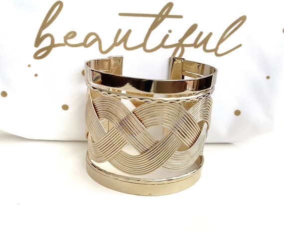 Mid century wide cuff bracelet gold, 80s vintage … - image 1