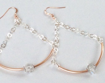 Sterling Silver Chain Earrings, Chain Hoop Earrings, Rose Gold Curved Tube Earrings, Herkimer Diamond Earrings, Quartz Crystal Earrings.