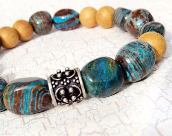 Beaded Stone Bracelet, Jade Bracelet for Her, Colorful Stretch Bracelet, Stone and Wood Bracelet.