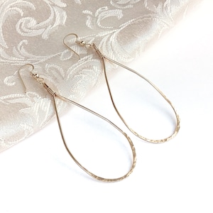 14k gold filled teardrop hoop earrings, hammered textured hoops, 3” long hoop earrings, 14k gold filled jewelry.