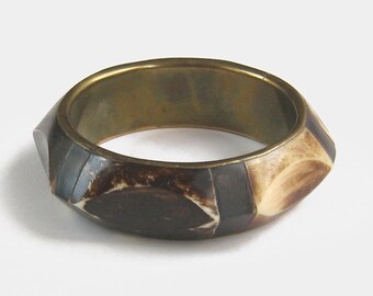 Vintage Chunky Horn and Brass Bangle - bracelet dark brown summer minimalist rustic antler geometric round minimal costume jewellery jewelry