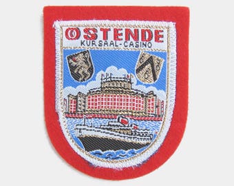 Vintage 1970s Ostend Kursaal Casino Fabric Patch - Ostende Belgium Belgian cloth badge souvenir travel brussels bright red white blue 1980s