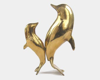 Vintage Mid Century Brass Dolphin and Calf Ornament - animal gold coloured fish seaside nautical marine life figure figurine old kitsch folk