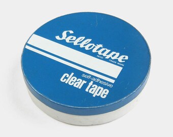 Vintage Sellotape Tin - royal bright blue white retro metal box round old English British made Advertising typography 1970s 1980s